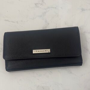 Tahari Black Fold-Over Wallet with Metal Logo Plate